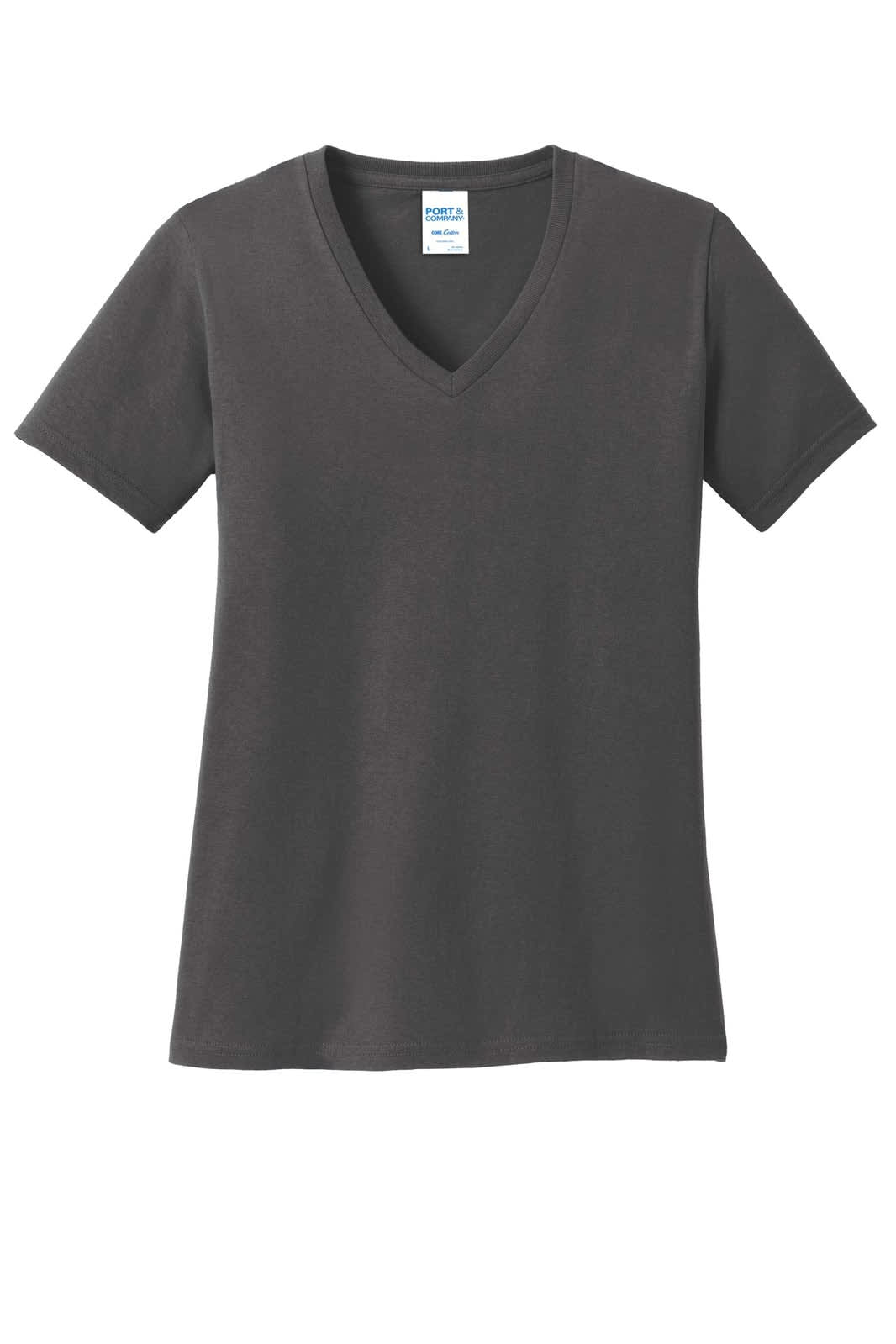 A dark grey women's V-neck T-shirt featuring short sleeves and a logo on the tag.