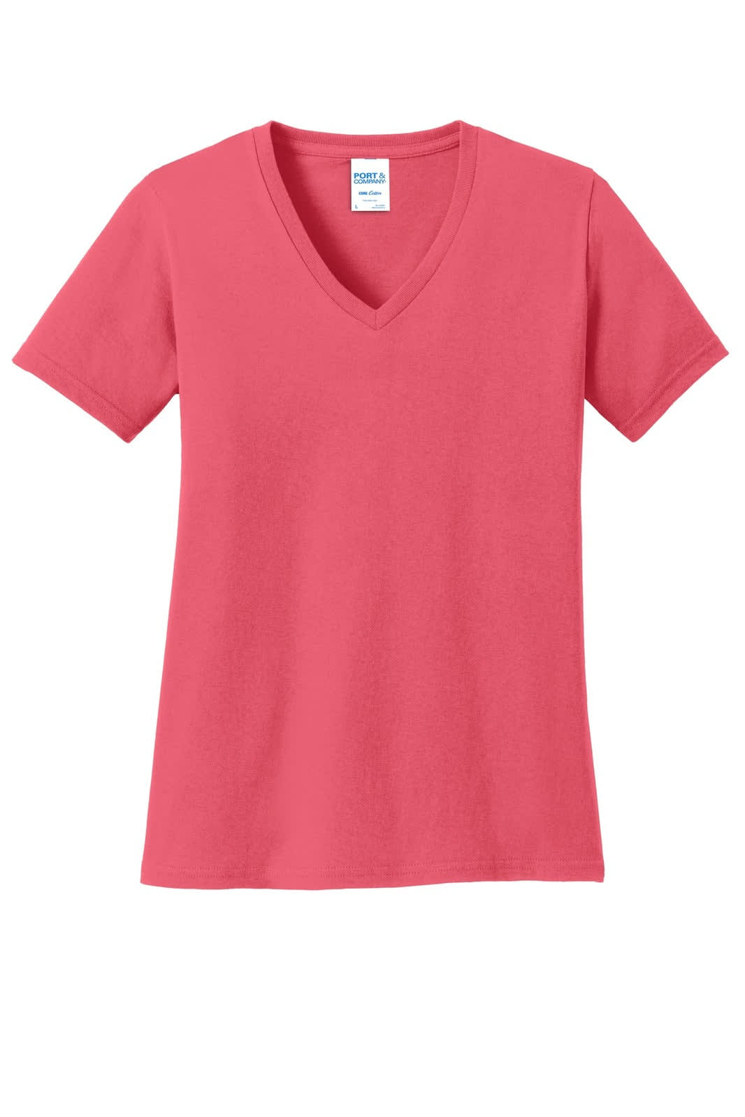 A coral v-neck t-shirt made from cotton, featuring short sleeves and a tag inside the neckline.