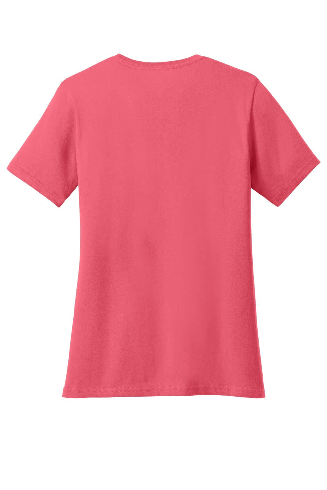 A pink ladies' V-neck T-shirt with short sleeves featuring a plain back design.