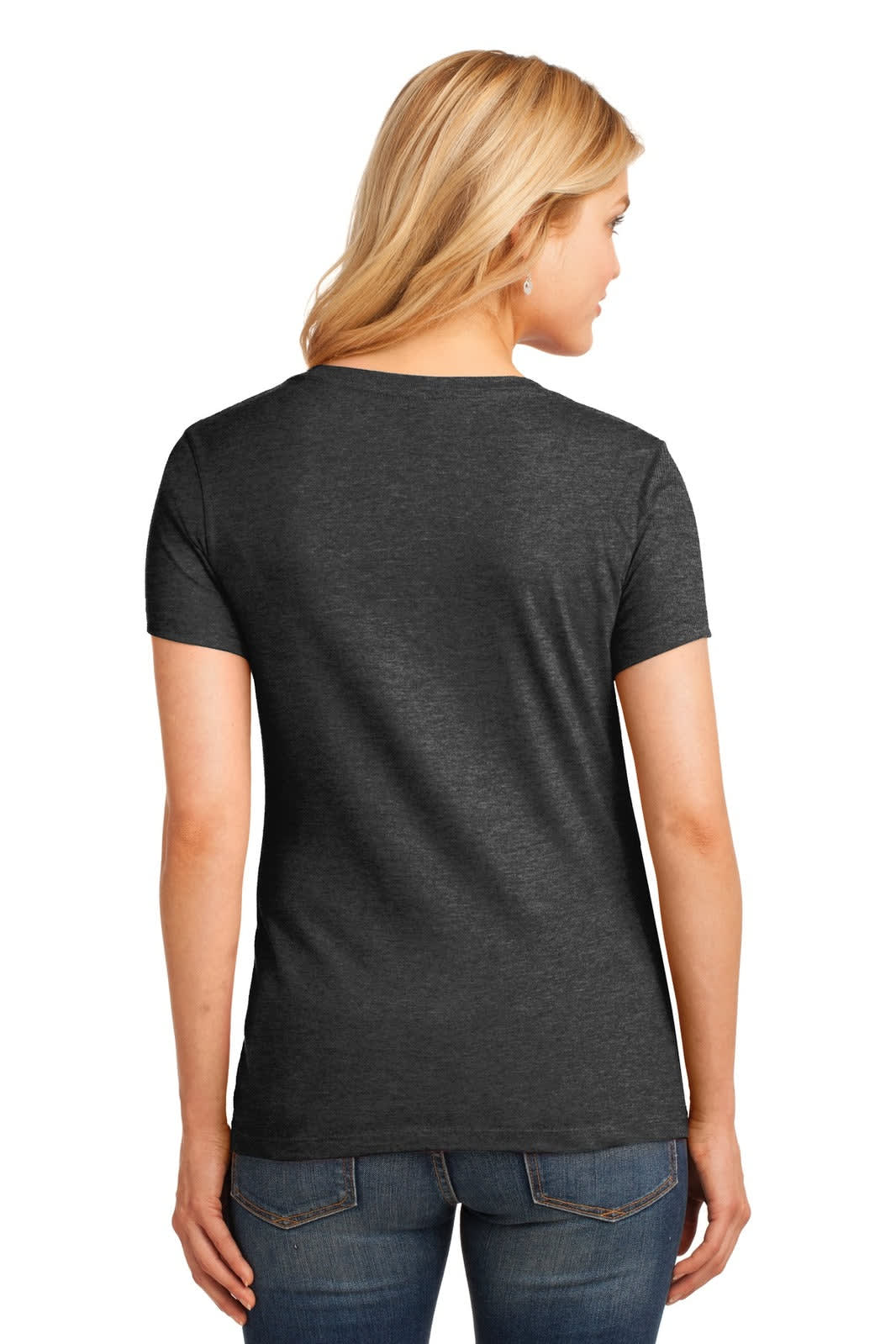 A back view of a grey ladies' V-neck t-shirt, featuring short sleeves and a fitted silhouette.