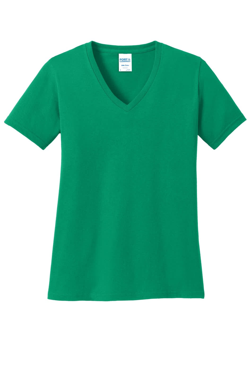 A green ladies' v-neck t-shirt made from core cotton, featuring short sleeves and a simple design.