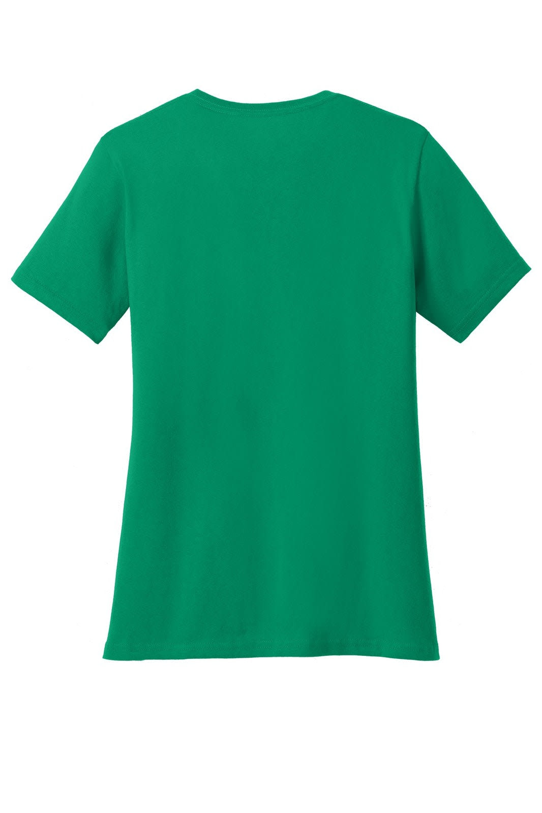 A green ladies' V-neck t-shirt, featuring short sleeves and a plain back design. It includes a logo.