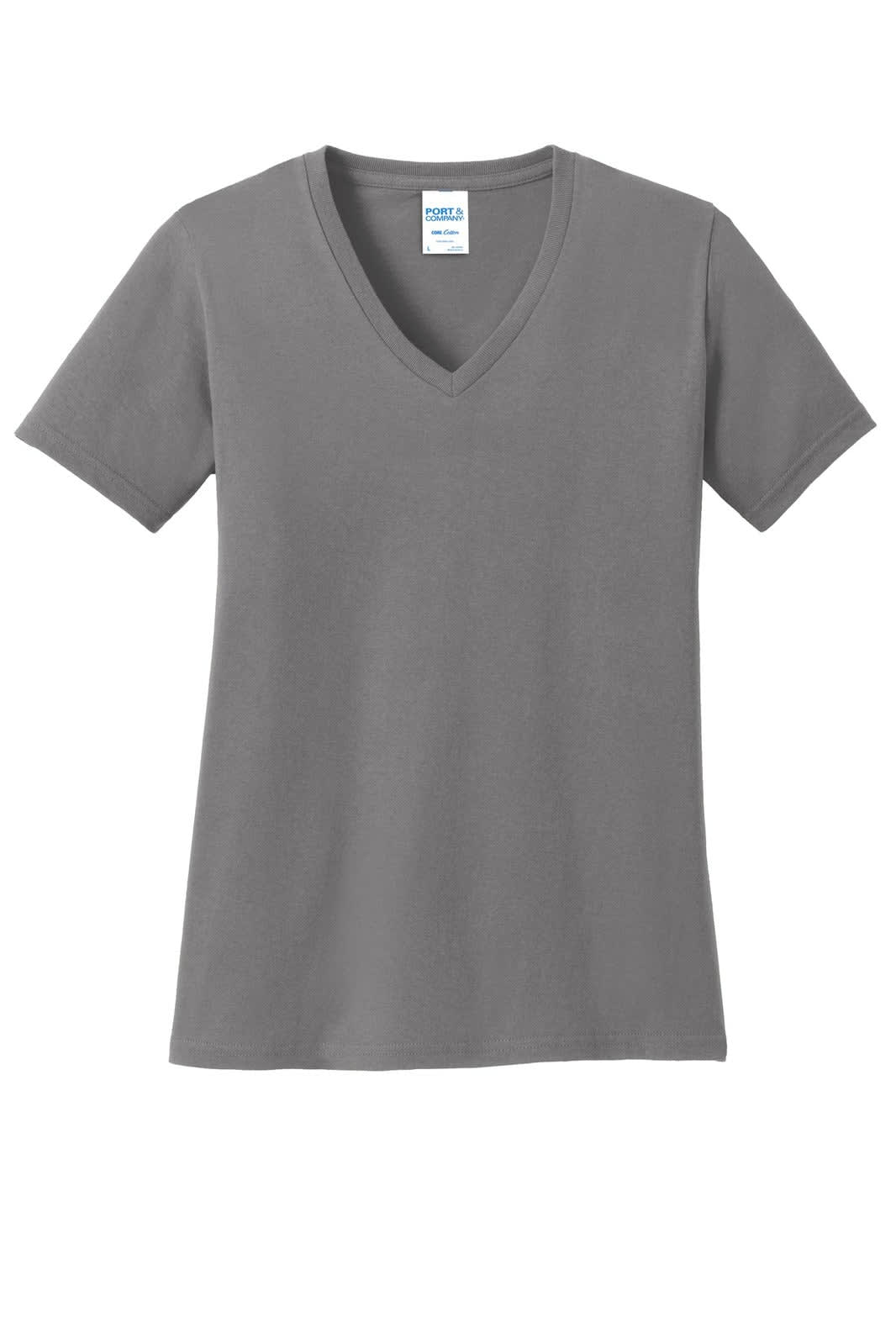 A grey ladies' v-neck t-shirt with short sleeves and a logo on the label.