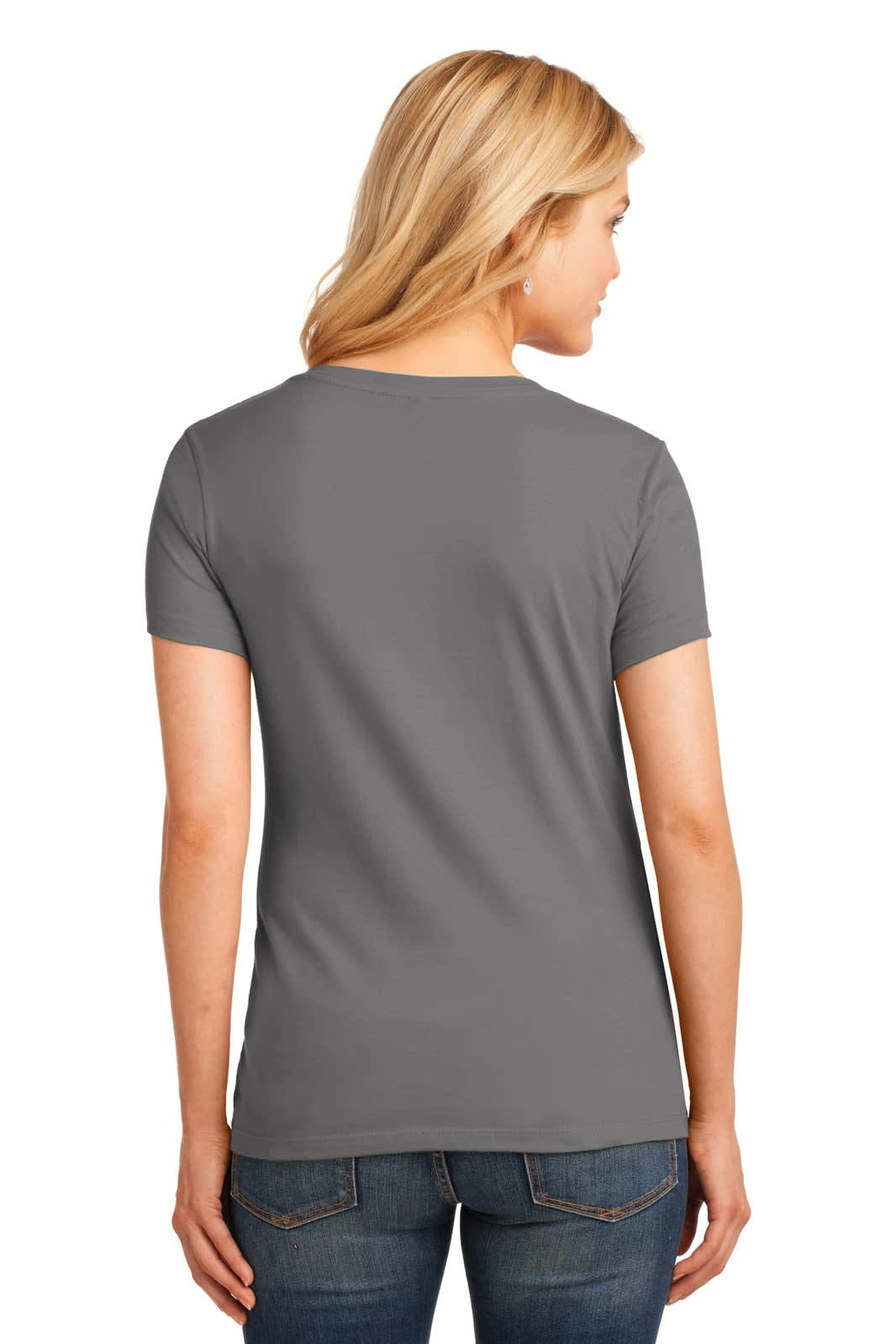 A grey ladies' t-shirt featuring a v-neck design, viewed from the back. The shirt has a simple style and fitted cut.