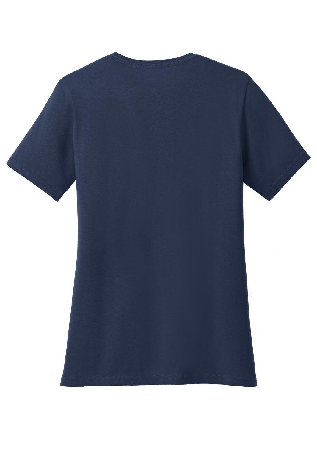 A navy blue women's V-neck T-shirt with short sleeves and a plain back. It features a branding logo.