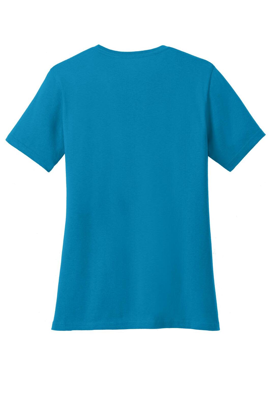 A blue ladies' V-neck T-shirt with short sleeves, featuring a plain back and no visible graphics or logos.