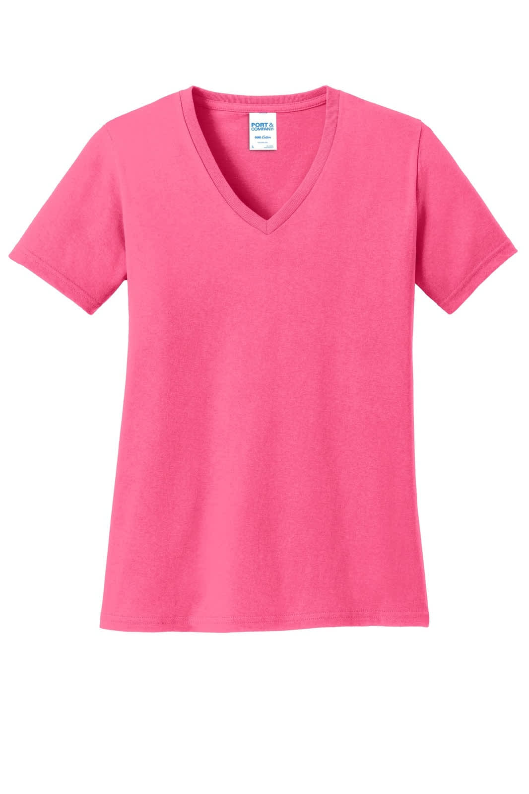 A pink ladies' core cotton V-neck t-shirt featuring short sleeves and a logo.