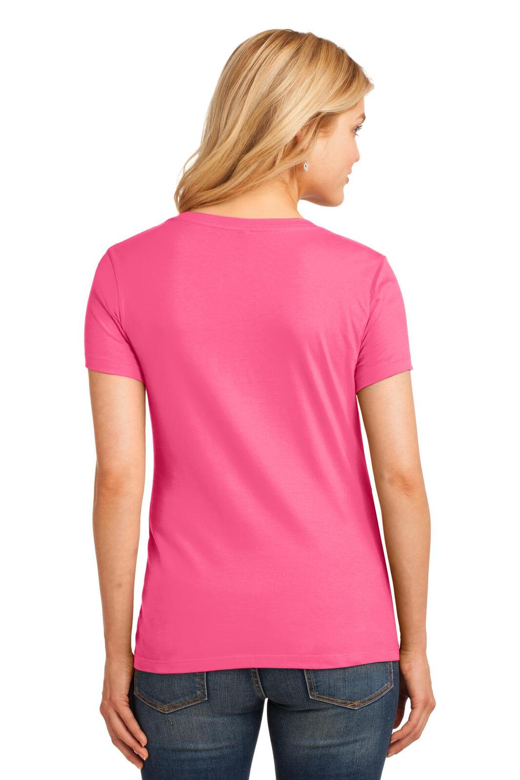 A pink ladies' V-neck tee with a fitted design, featuring a logo on the back.