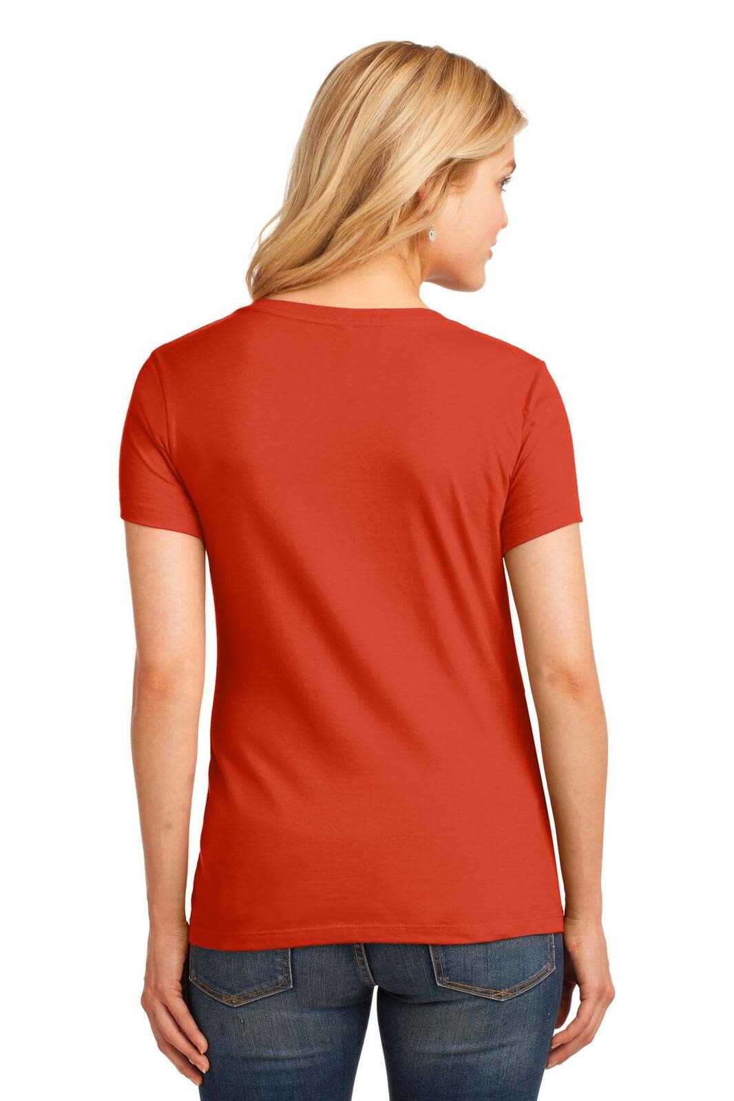 A red women's V-neck T-shirt with short sleeves, featuring a smooth fabric and a fitted design, viewed from the back.