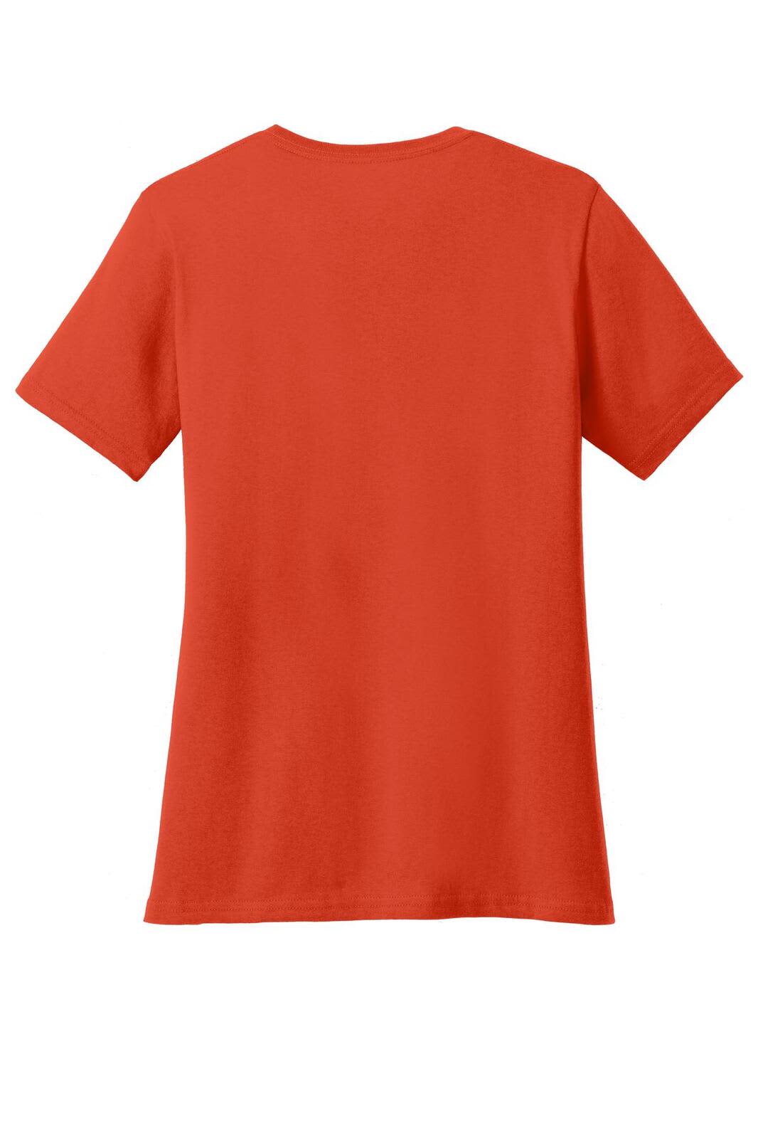 A vibrant orange ladies' V-neck t-shirt with short sleeves, featuring a simple design and a logo on the back.