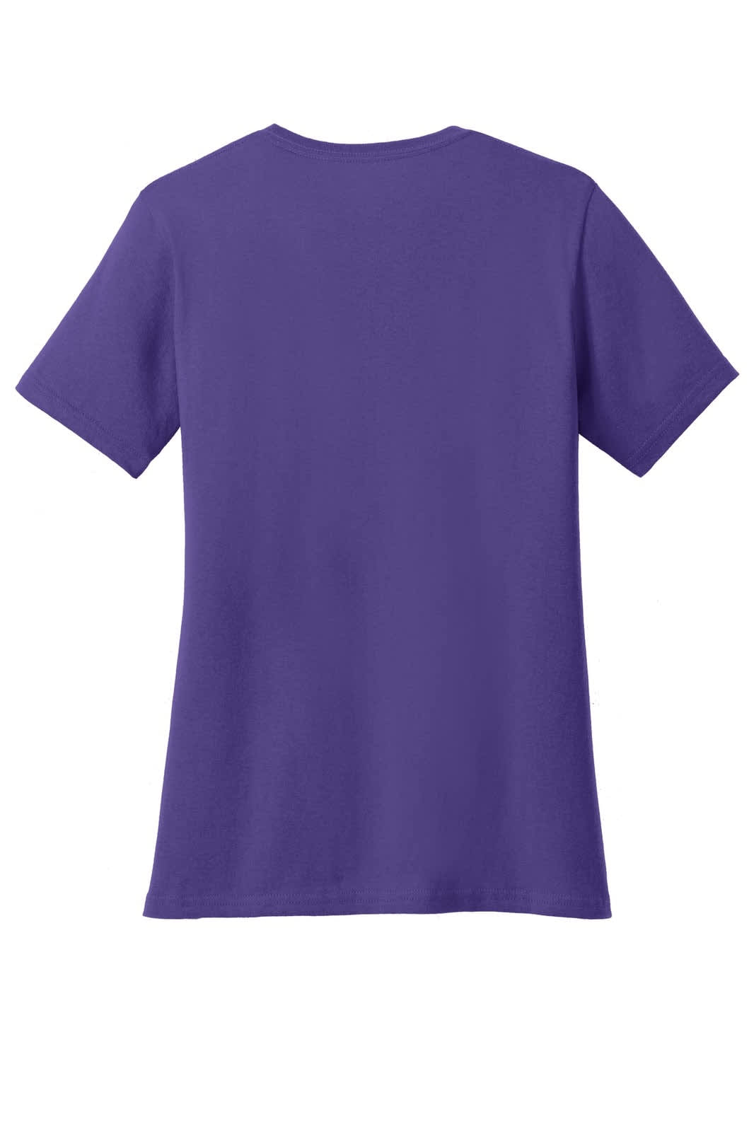 A purple ladies' V-neck T-shirt with short sleeves, featuring a plain back and a logo on the fabric.