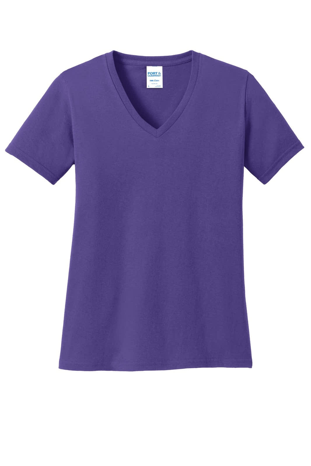 A purple v-neck t-shirt with short sleeves, featuring a logo on the label.