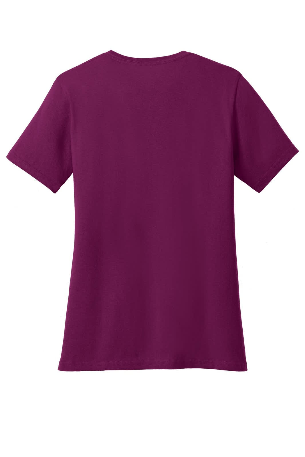 A burgundy ladies' V-neck T-shirt featuring short sleeves and a plain back, with an unspecified logo.