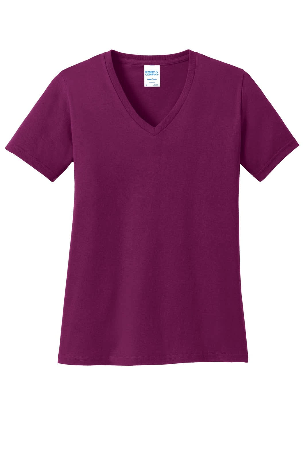 A maroon V-neck T-shirt featuring short sleeves and a plain design. It has a branding label in the neckline.