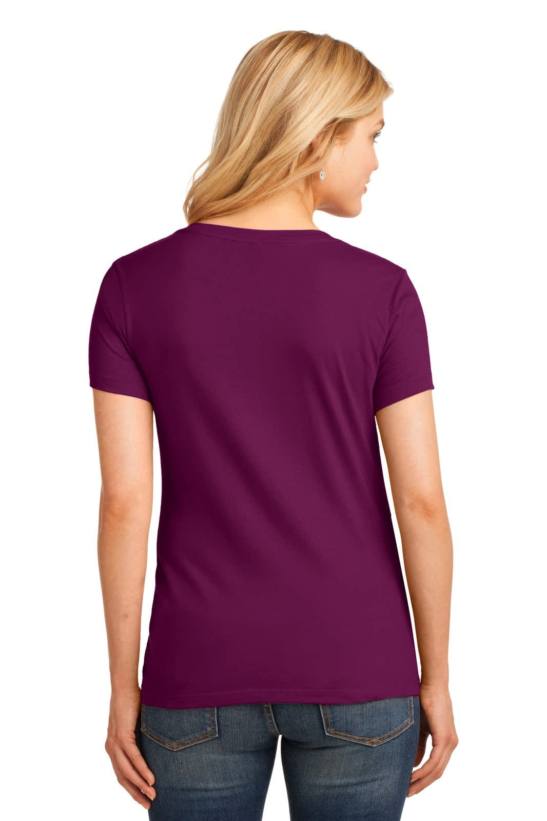 A purple ladies' V-neck t-shirt with short sleeves, featuring a plain back and a fitted design.