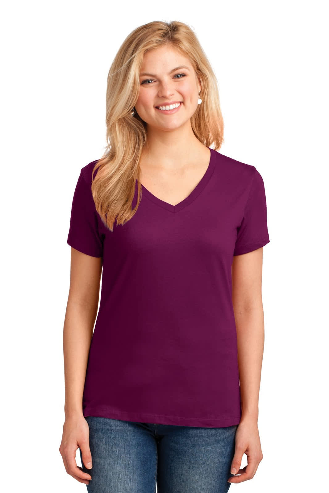 A woman models a purple Port & Company Ladies Core Cotton V-Neck Tee, featuring short sleeves and a classic fit.