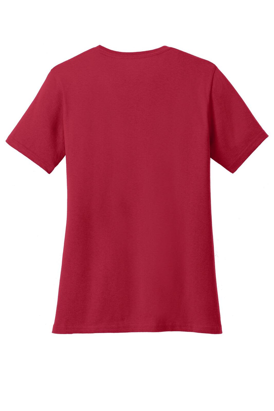 A red v-neck t-shirt with short sleeves, featuring a plain back design and a branding logo.