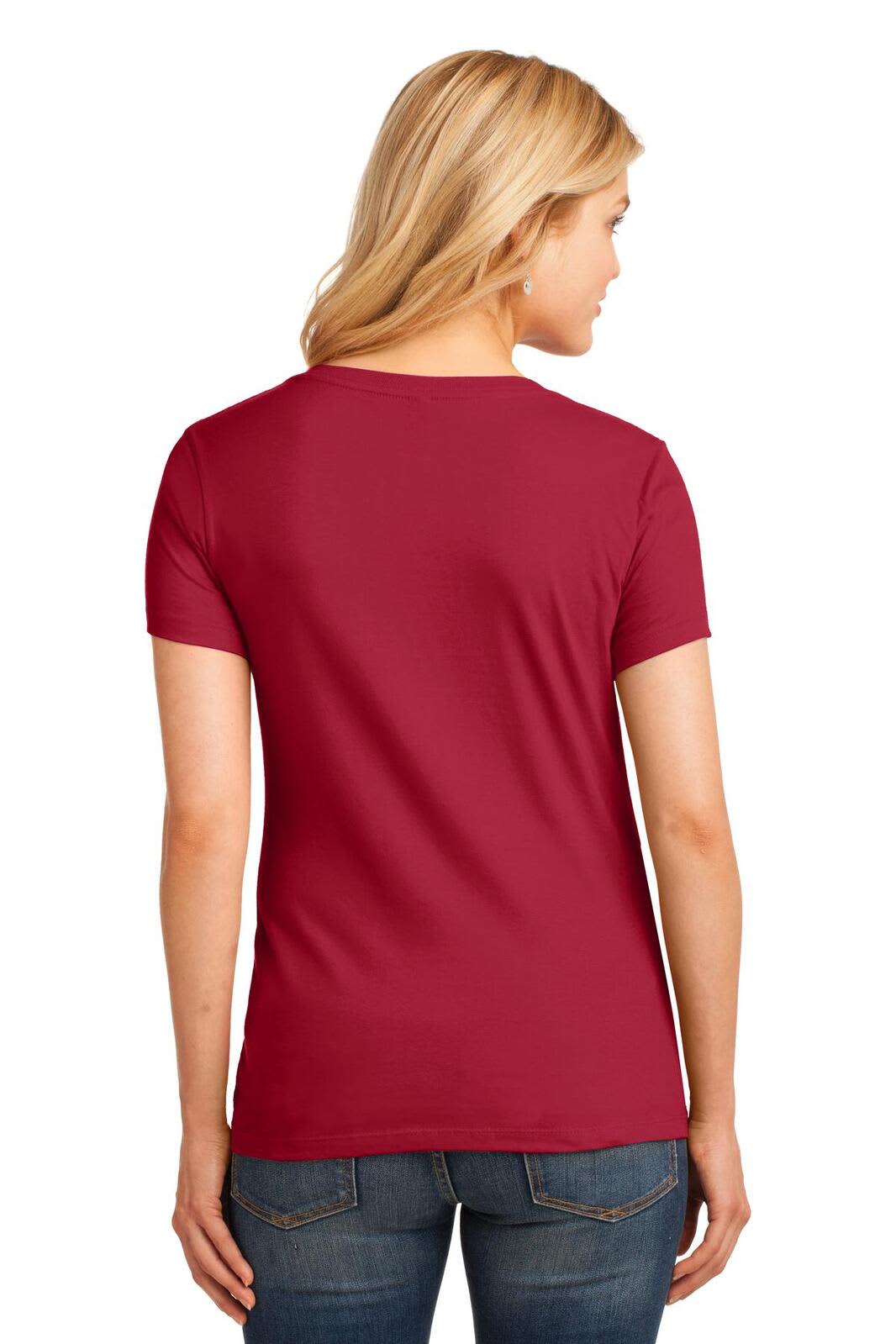 A red ladies' V-neck t-shirt, featuring a fitted design, viewed from the back. The shirt has no visible logos.