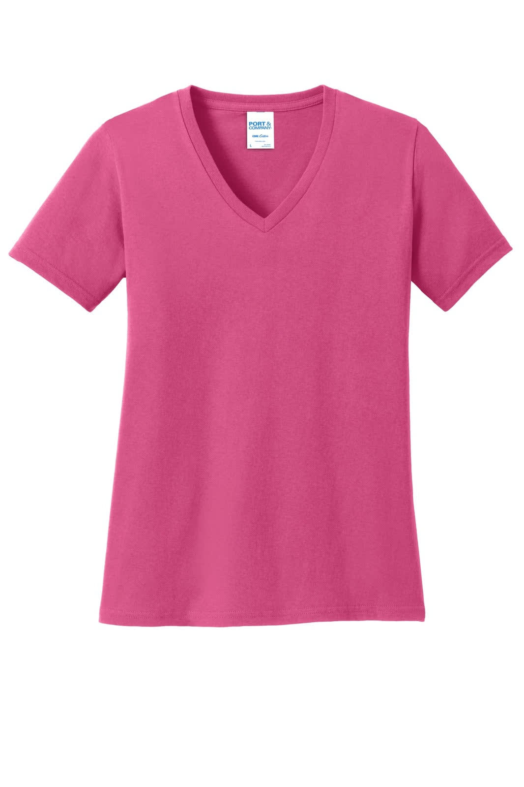 A pink ladies' V-neck t-shirt featuring short sleeves and a logo on the label.