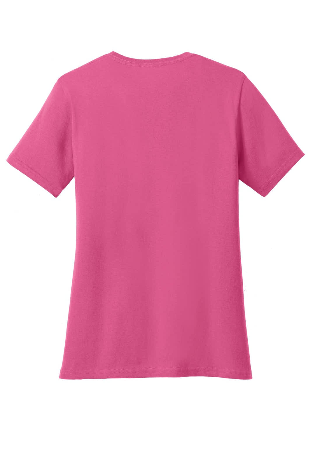 A pink ladies' V-neck T-shirt, featuring short sleeves and a plain back, with a logo present.