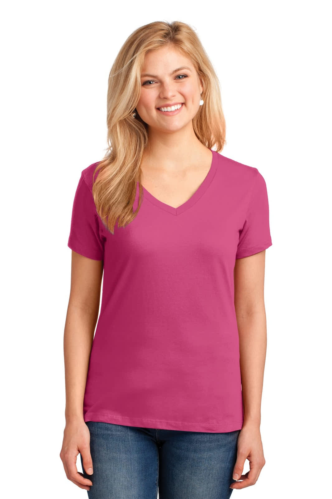 A woman is wearing a vibrant pink Port & Company Ladies Core Cotton V-Neck Tee. The shirt has a logo.