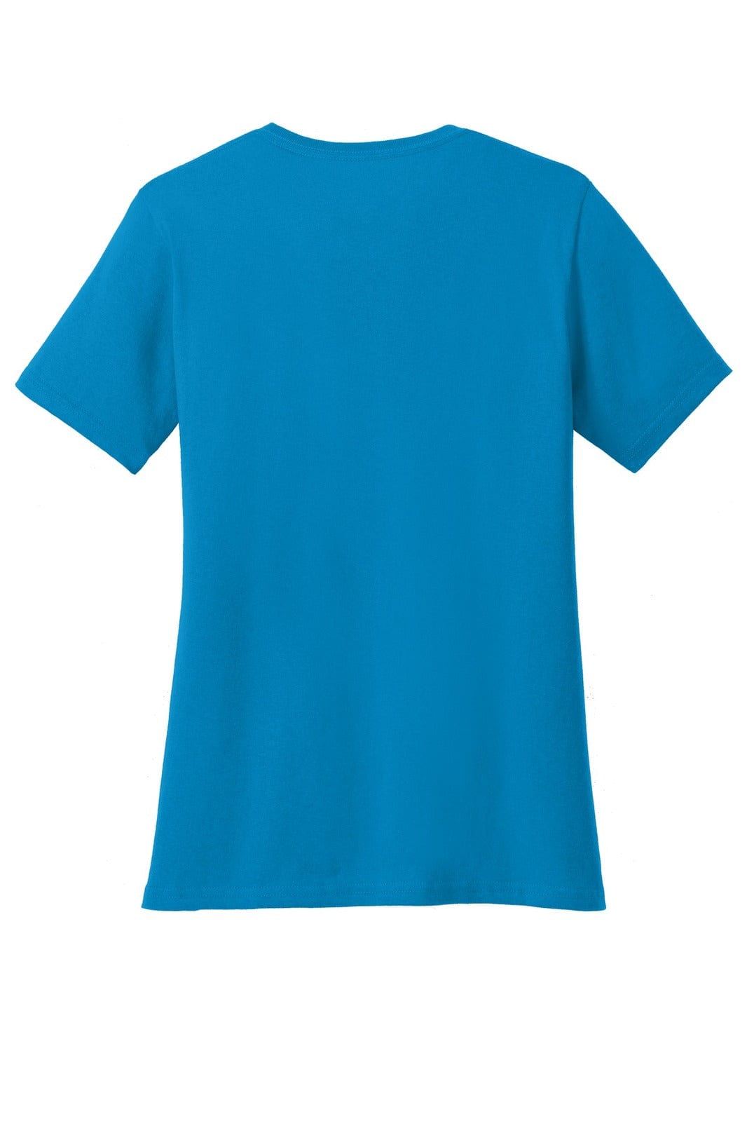 A vibrant blue ladies' V-neck T-shirt with short sleeves and a branding logo on the back.