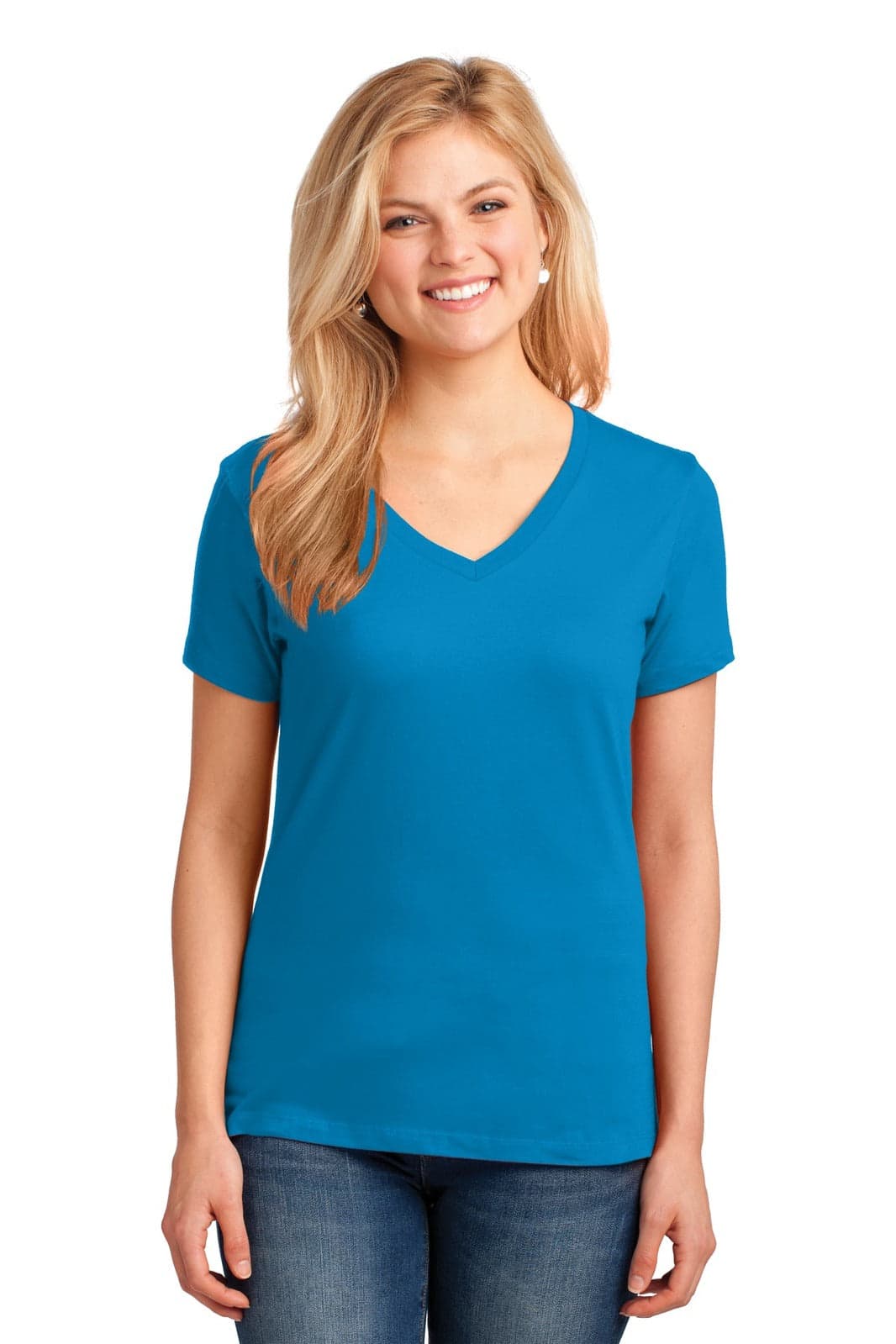 A blue ladies' V-neck t-shirt displayed on a model with casual denim jeans. The shirt features a logo.