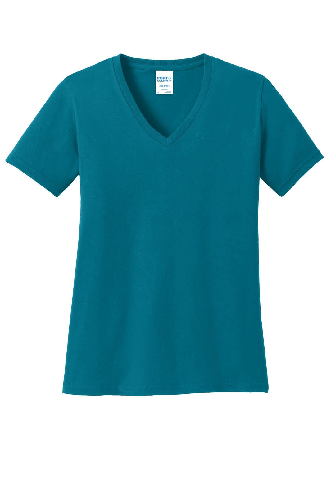 A teal ladies' V-neck t-shirt made from cotton, featuring short sleeves and a simple design.