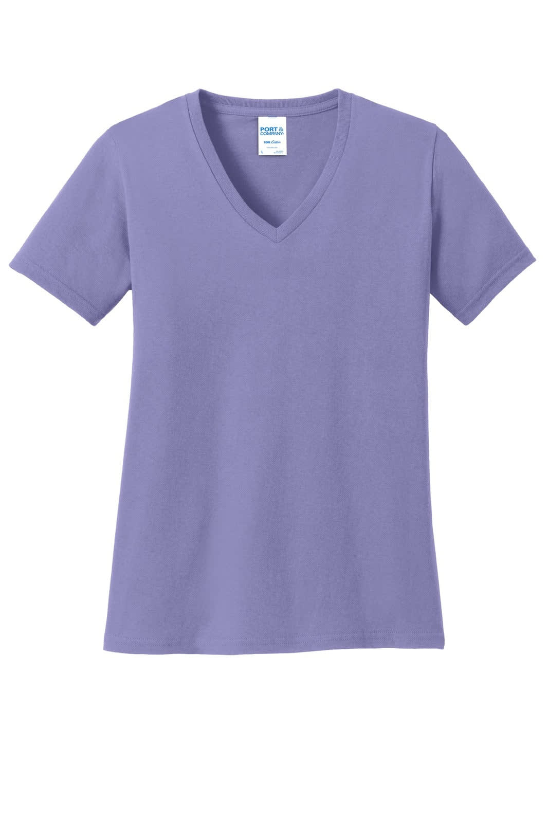 A lilac V-neck T-shirt made from cotton, featuring short sleeves and a branded tag inside.