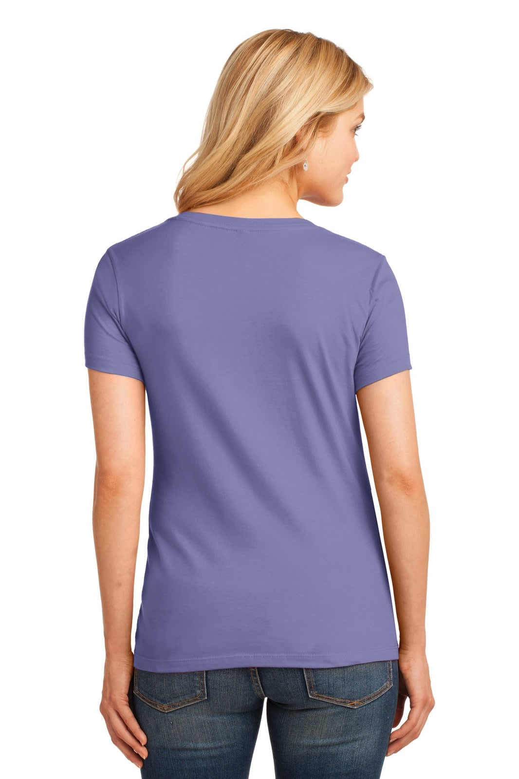 A purple ladies' V-neck t-shirt, featuring a fitted style and short sleeves, with a branding logo on the back.