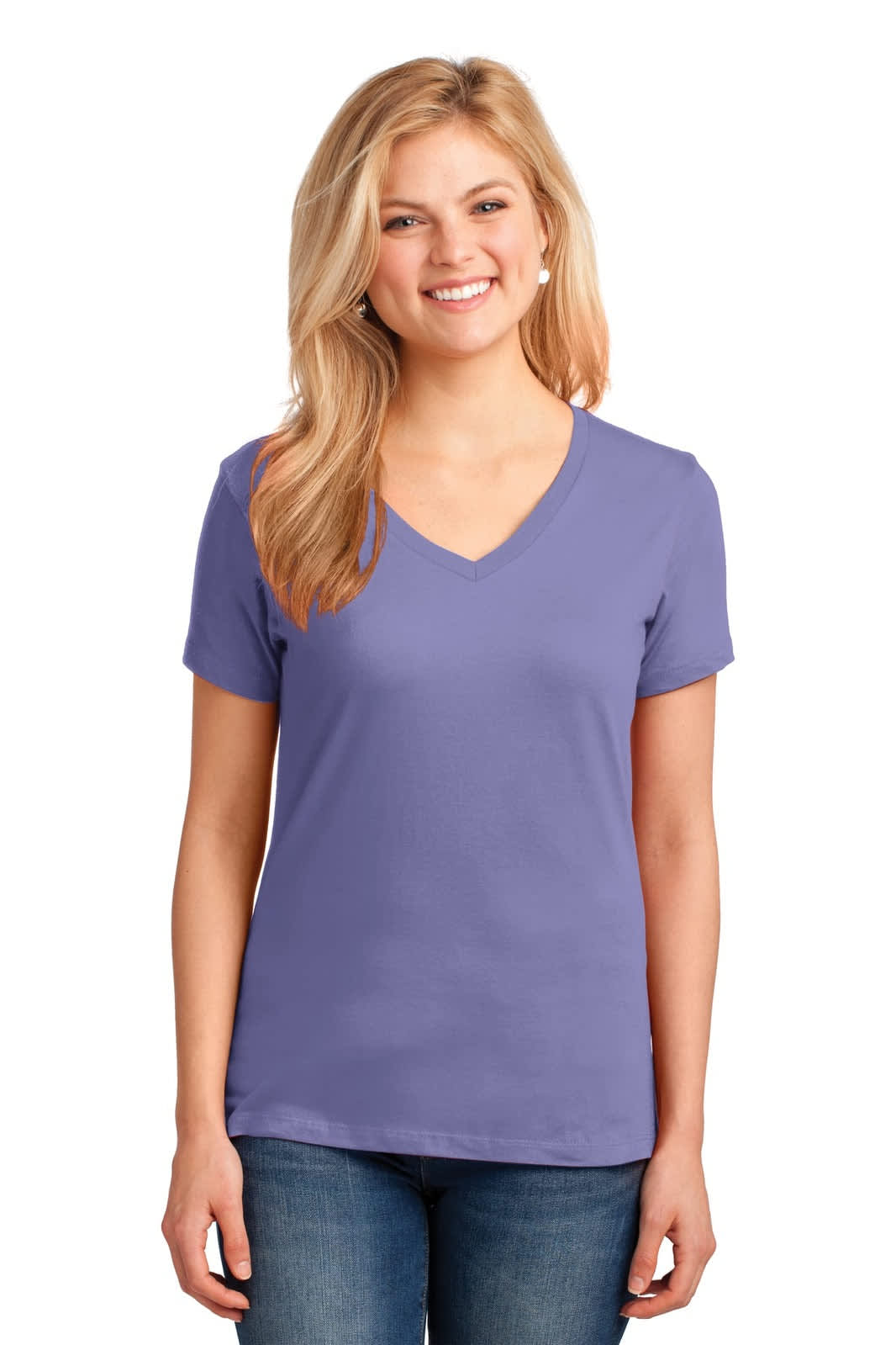 A woman wearing a purple v-neck t-shirt with short sleeves, featuring a logo on the front.