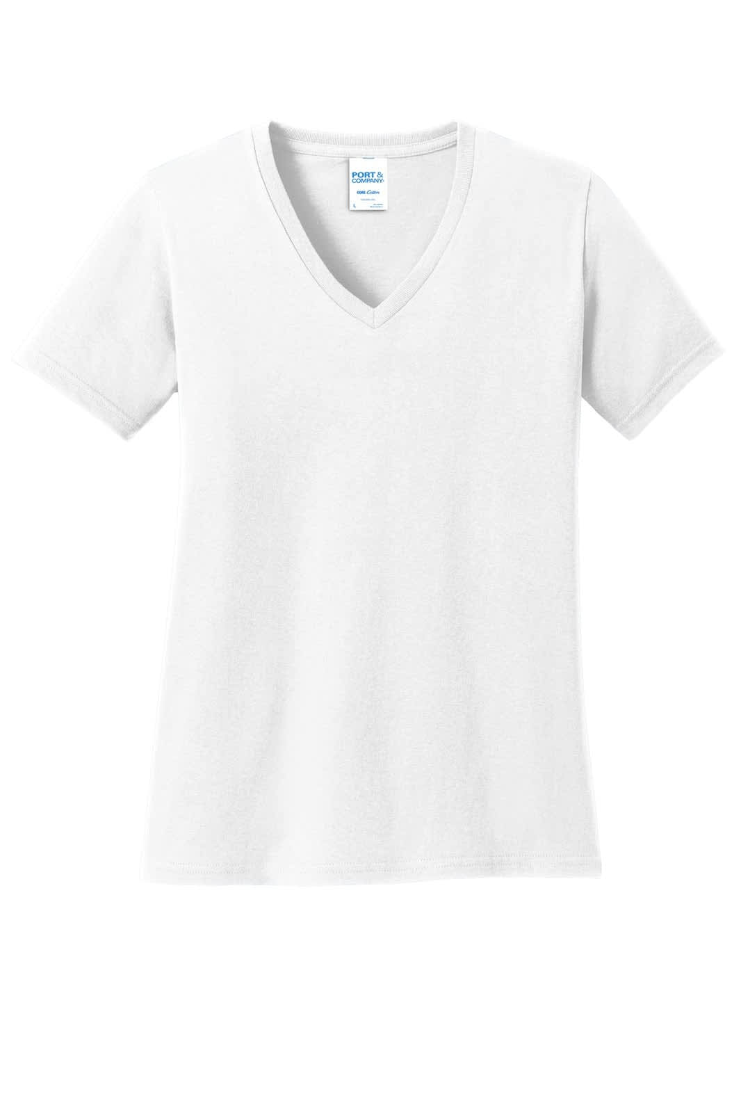 A white ladies' V-neck T-shirt with short sleeves and a brand label.