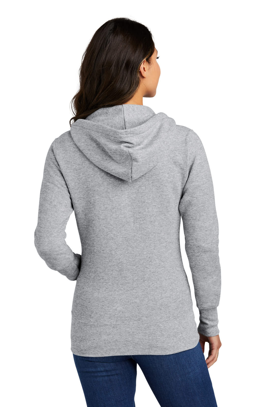 A grey full-zip hooded sweatshirt with a fitted design, featuring a hood and long sleeves, with a logo on the front.