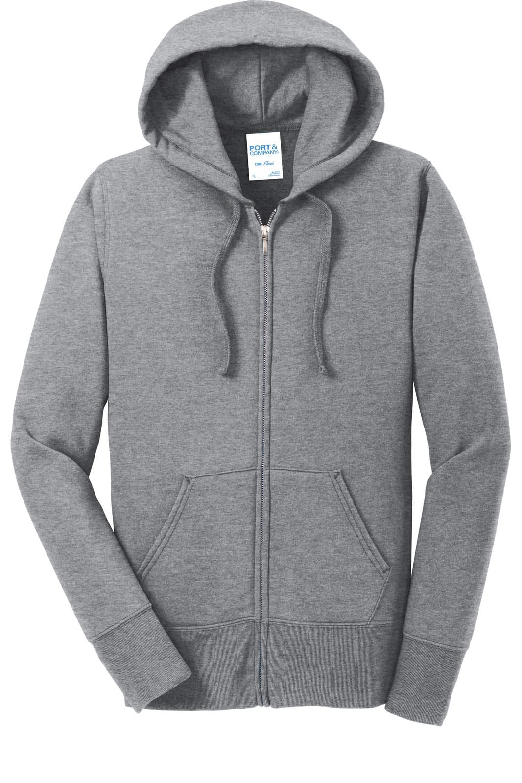 A grey full-zip hooded sweatshirt with a front pocket and drawstrings, featuring a branding logo.