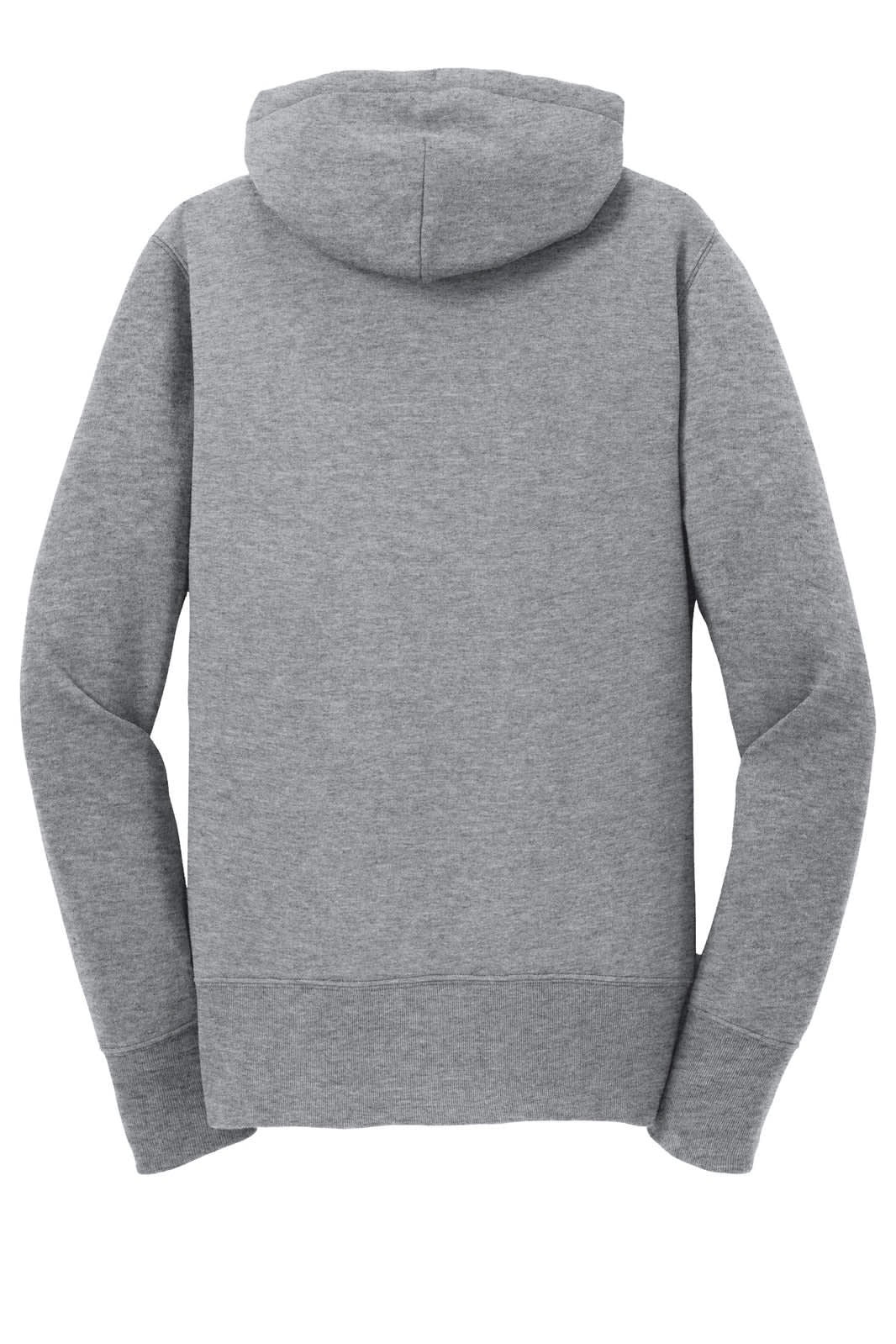 A grey ladies' full-zip hooded sweatshirt with a plain design and a hood. It features long sleeves and a logo.