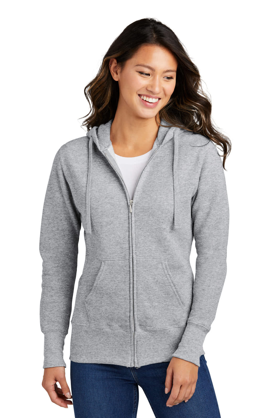 A grey full-zip hooded sweatshirt with a front pocket and a hood, worn by a smiling woman.