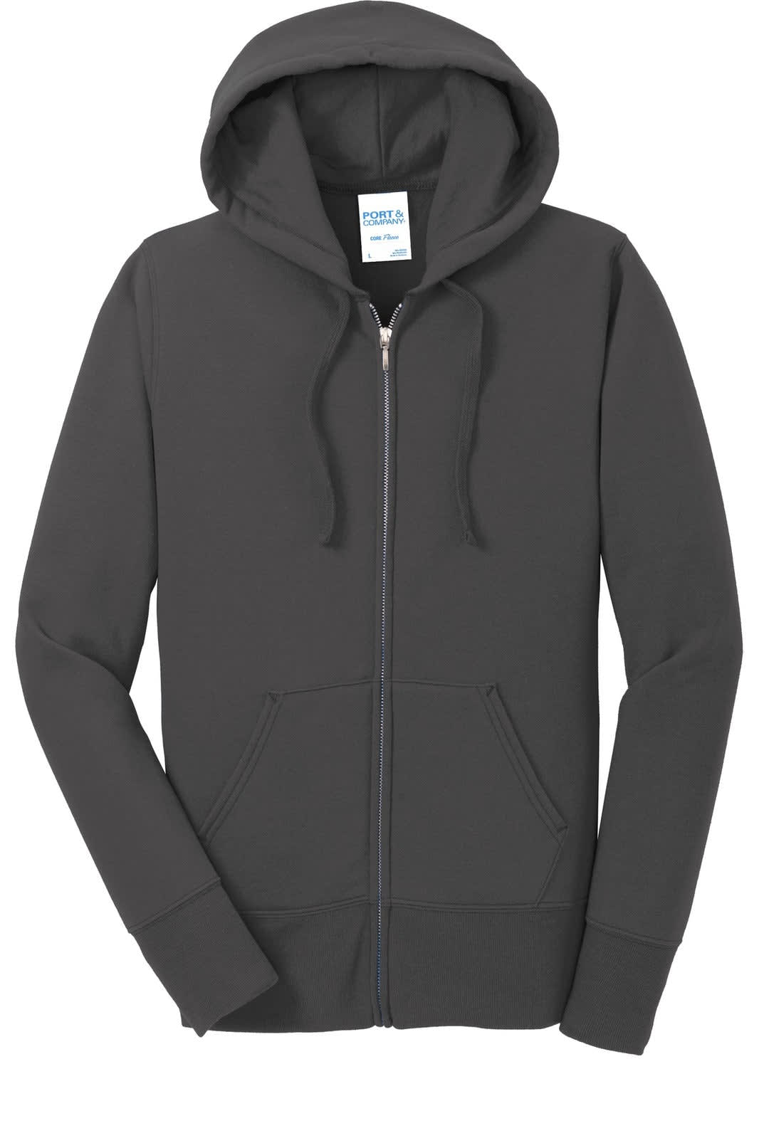 A grey hooded sweatshirt with a full zip, featuring a hood and front pockets, designed for women.