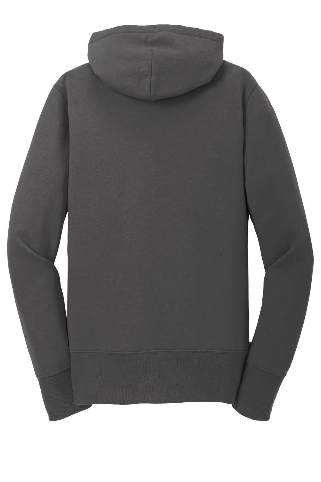 A grey full-zip hooded sweatshirt featuring long sleeves and a hood, designed for ladies. It includes a branding logo.