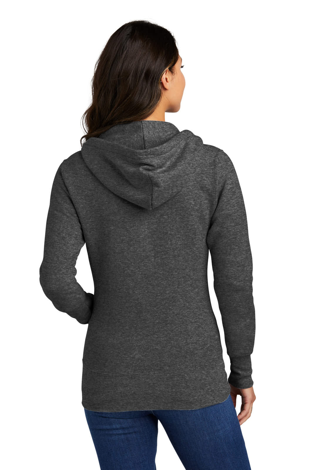 A grey full-zip hooded sweatshirt for ladies, featuring a hood and a fitted design. It has a logo on the back.