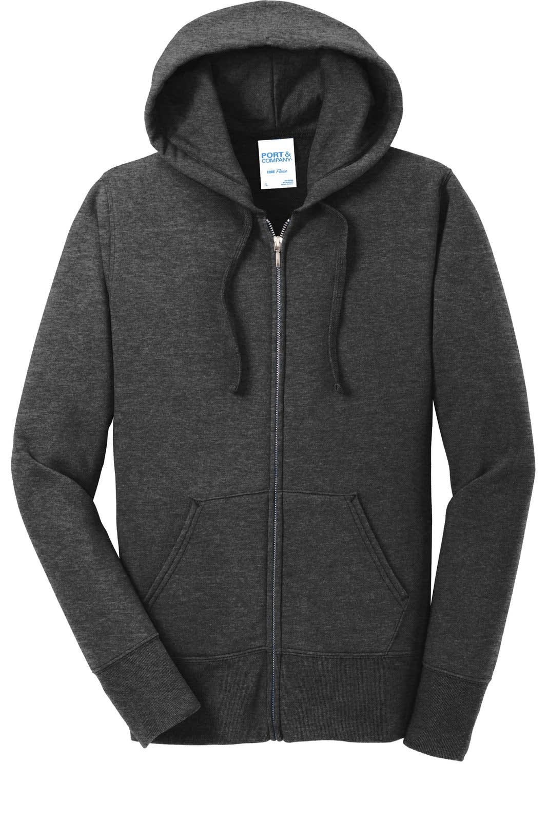 A dark grey full-zip hooded sweatshirt with a front pocket and a hood, featuring a small logo.