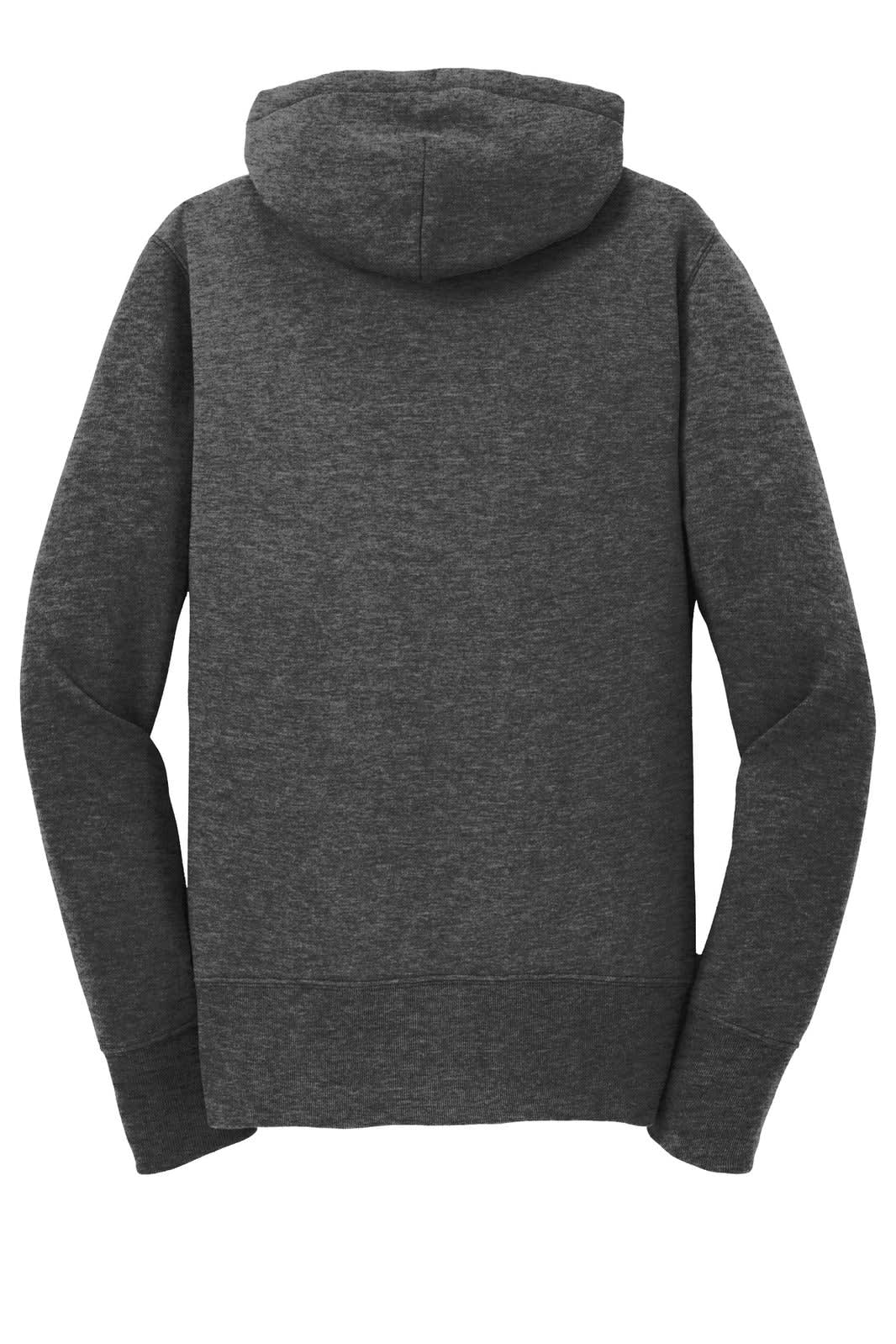 A dark grey hooded sweatshirt featuring a full zip and long sleeves, with a subtle logo present.