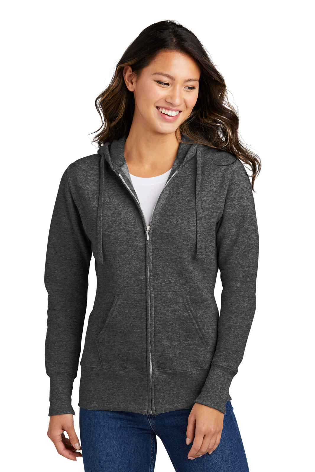 A grey full-zip hooded sweatshirt for women, featuring a front zipper and a hood. The model is smiling while wearing it.