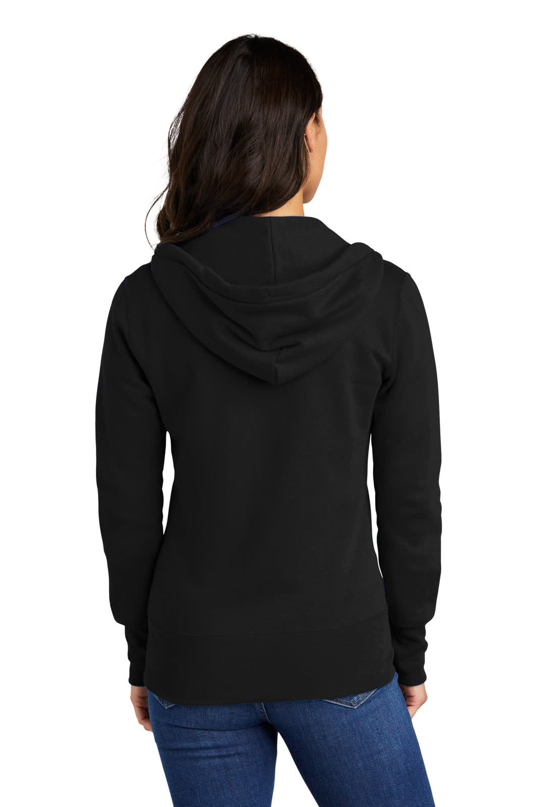 A black fleece full-zip hooded sweatshirt with a relaxed fit, featuring a hood and a logo.