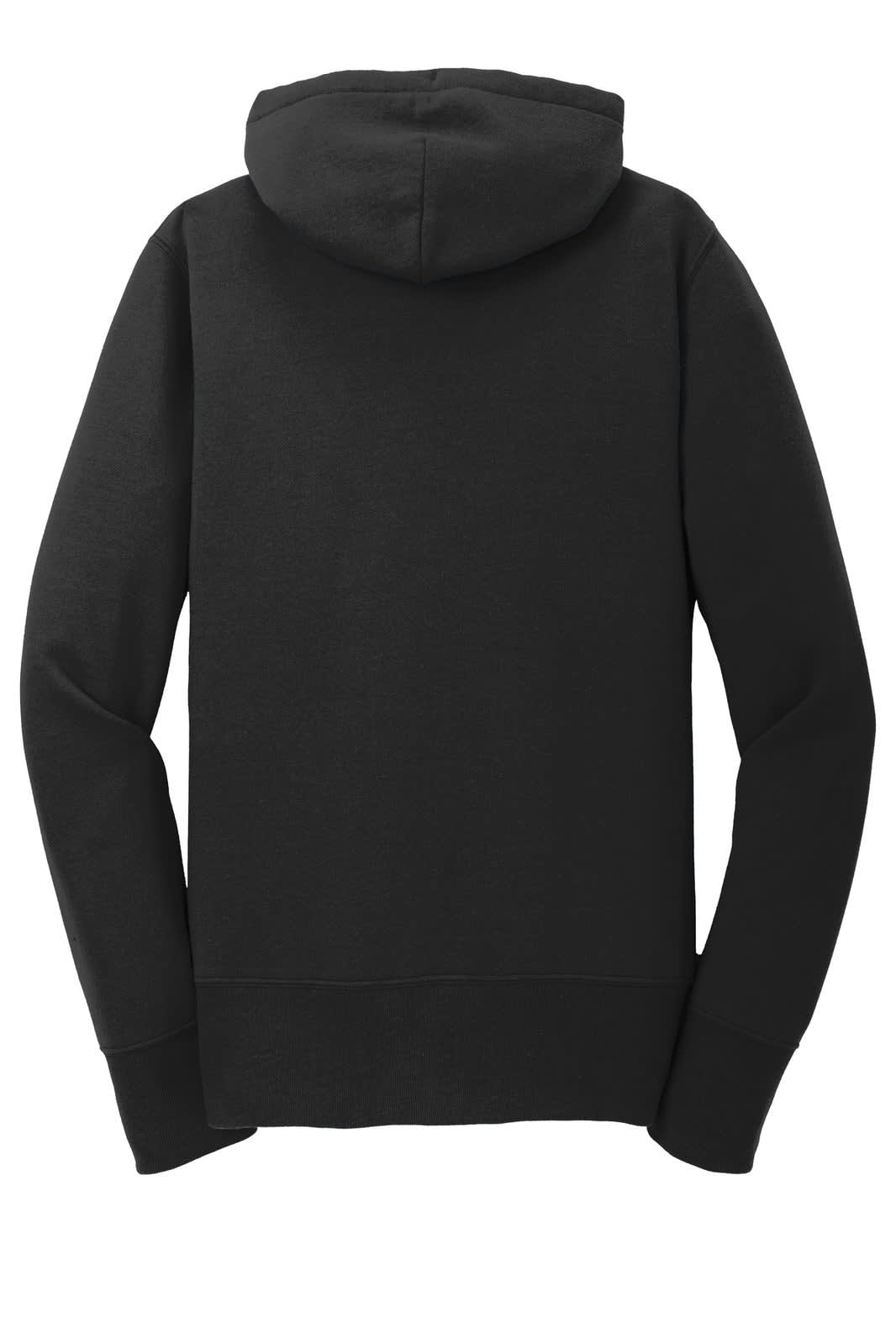 A black ladies' full-zip hooded sweatshirt with long sleeves, featuring a hood at the back. It has a logo.