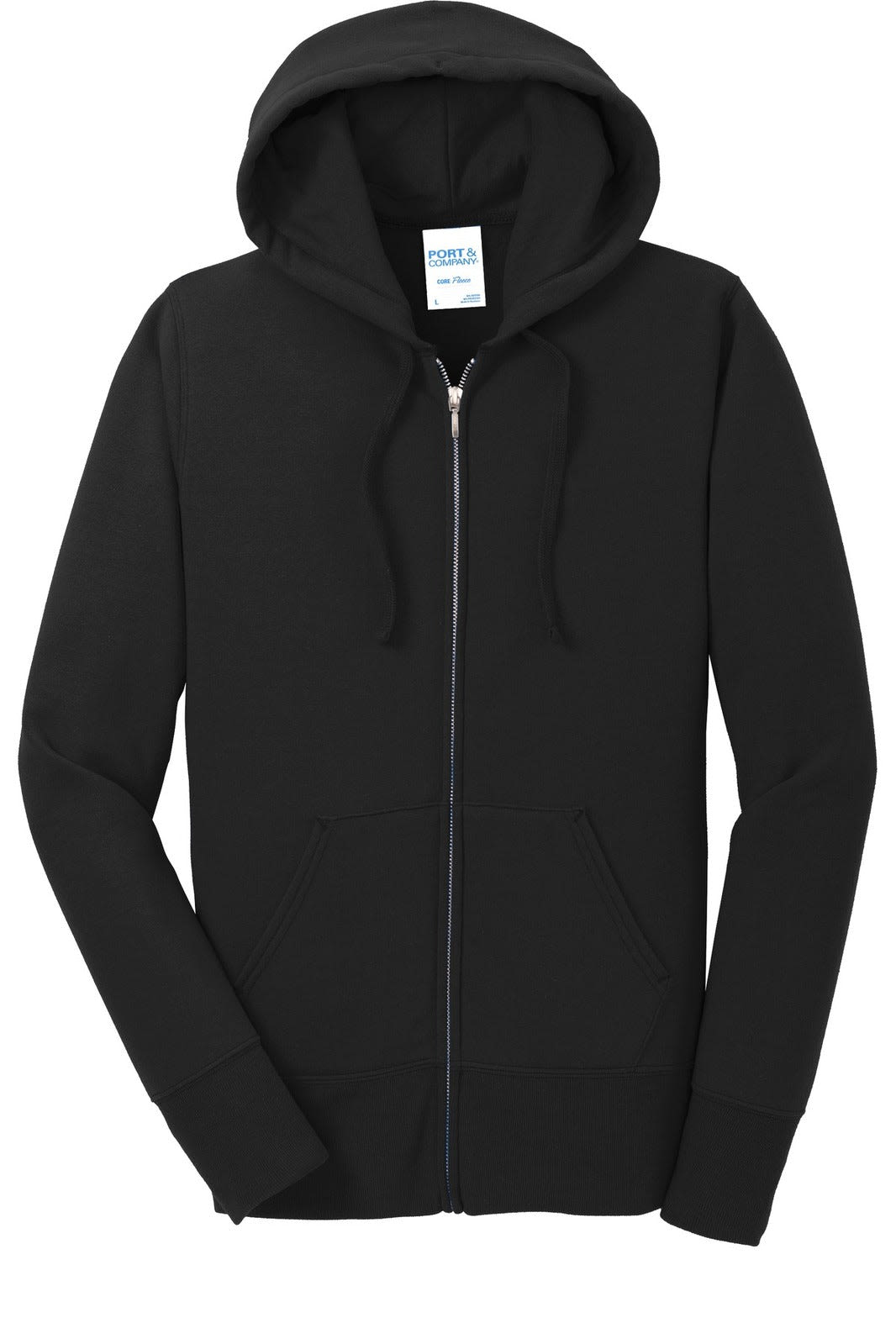 A black full-zip hooded sweatshirt with a pocket and drawstrings, featuring a logo on the label.