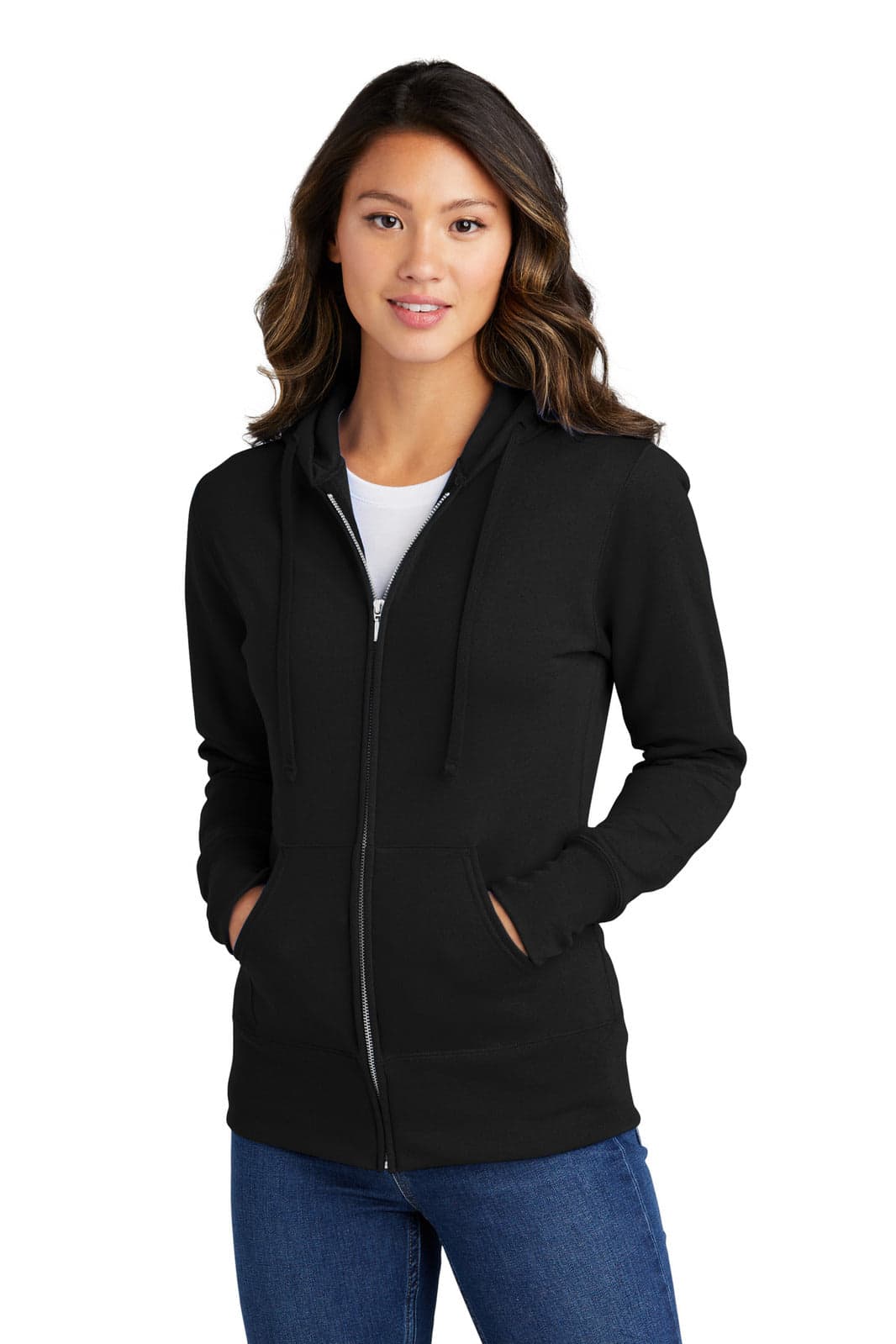 A black full-zip hooded sweatshirt with a front zipper and pockets, worn by a model. The sweatshirt has a logo.