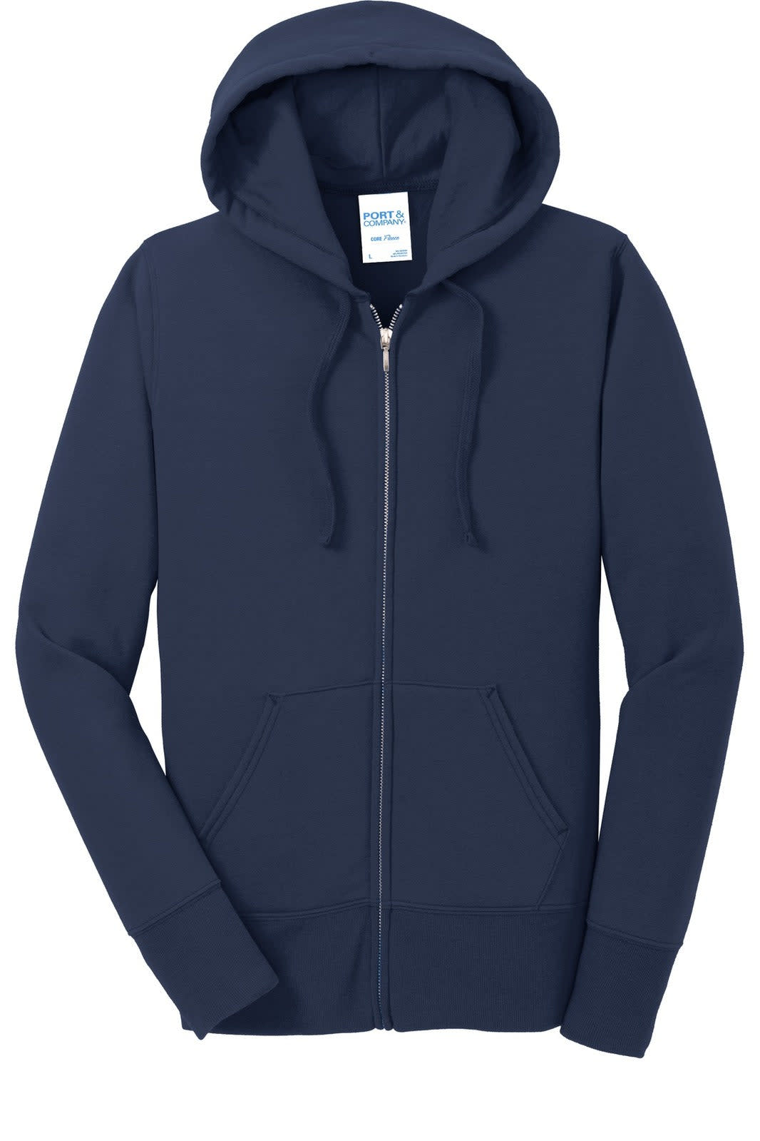A navy blue full-zip hooded sweatshirt featuring a front pocket and a hood, with a logo present.