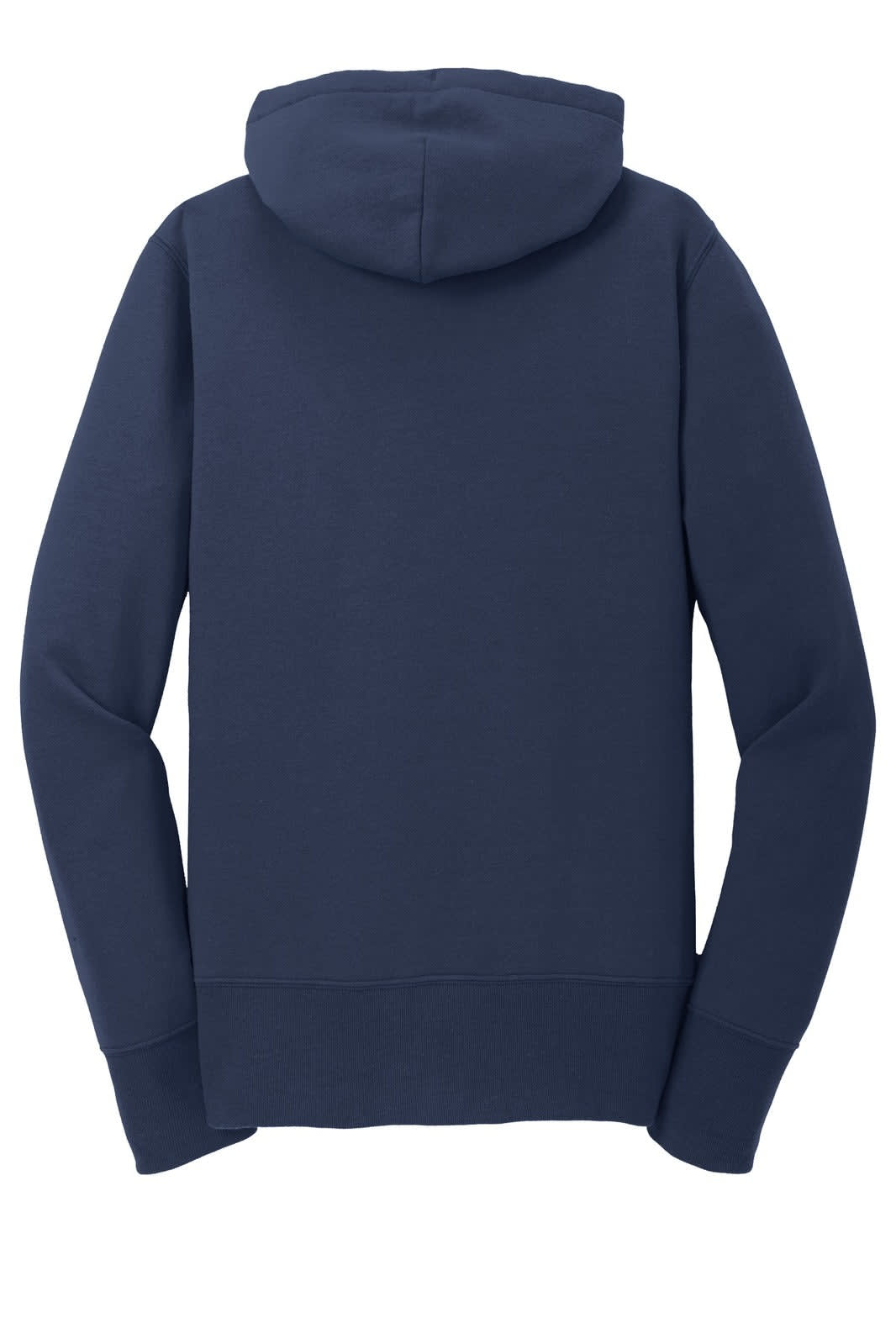 A navy blue full-zip hooded sweatshirt featuring long sleeves and a hood. It has a branding logo.