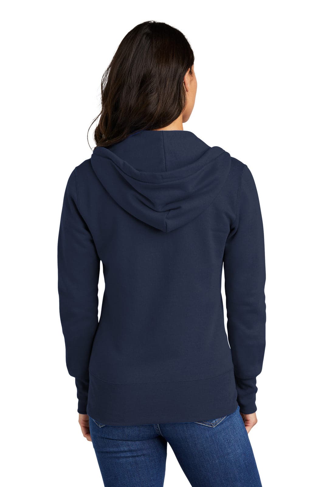 A woman wearing a navy blue full-zip hooded sweatshirt, featuring a hood and a snug fit.