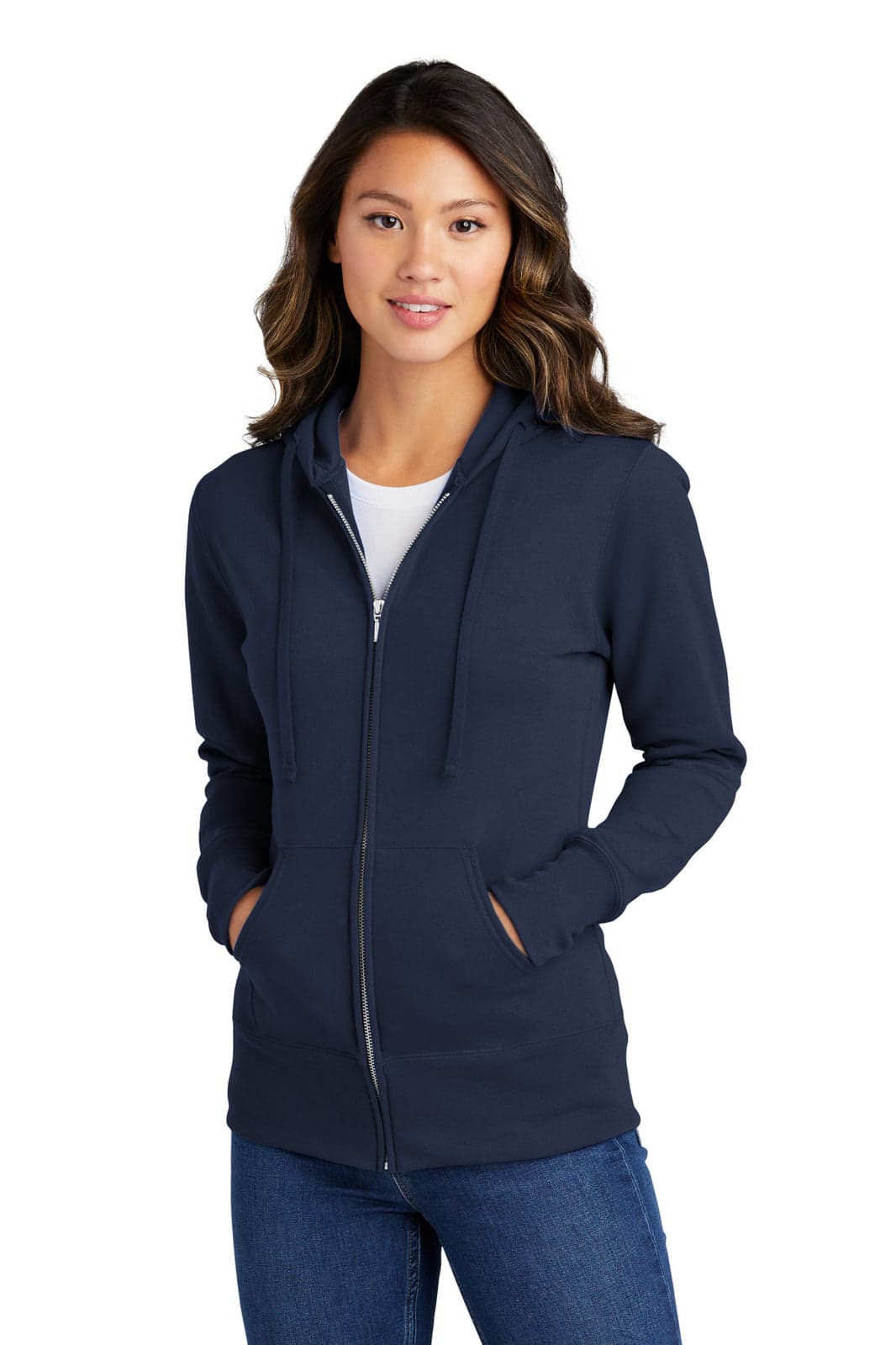 A navy blue full-zip hooded sweatshirt featuring a front pouch pocket and a logo. Suitable for casual wear.